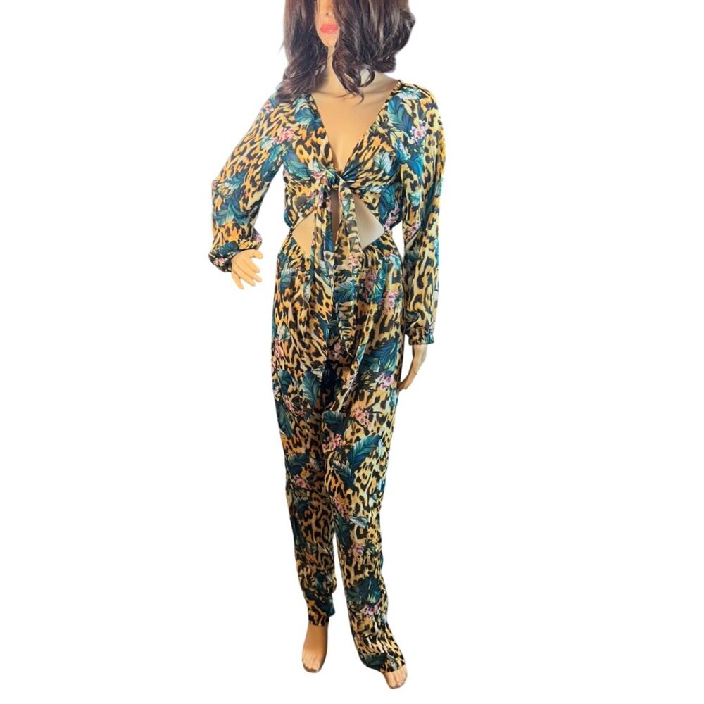 boohoo tropical animal print cut-out‎ beach jumpsuit Size Small